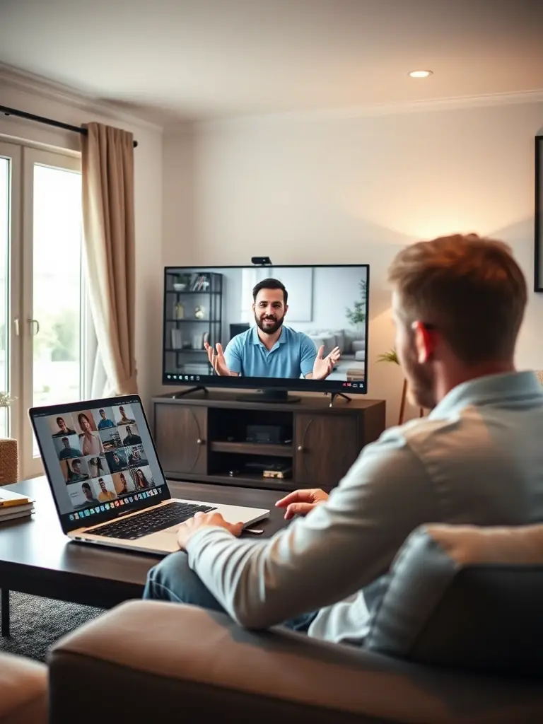 A person is doing online training session via video call on a laptop in their living room, with Mahir Ćosić providing guidance and encouragement from the screen.
