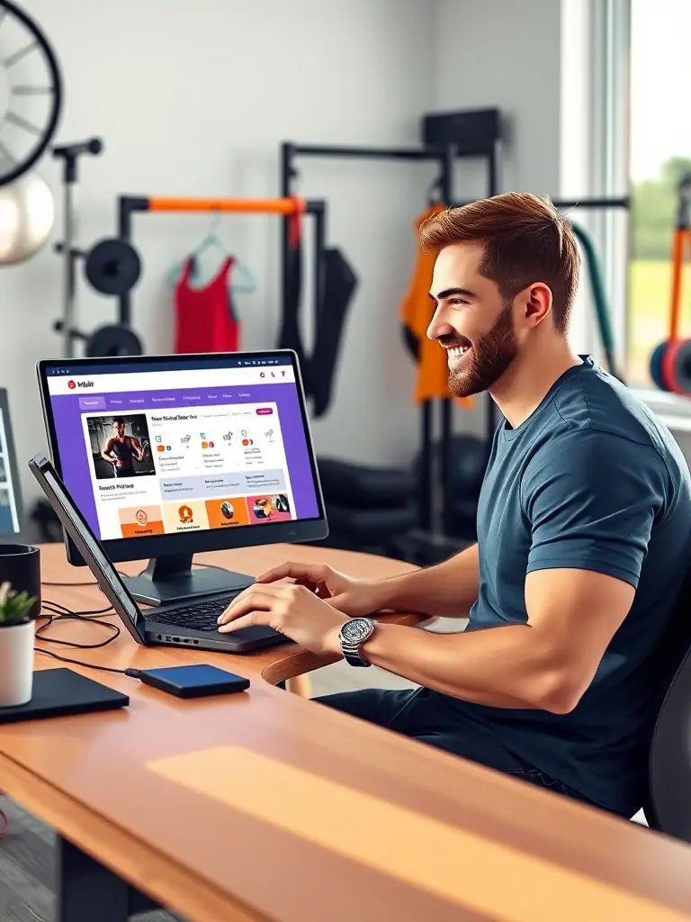 A client happily using Mahir's online training platform, showcasing the convenience and effectiveness of remote coaching.